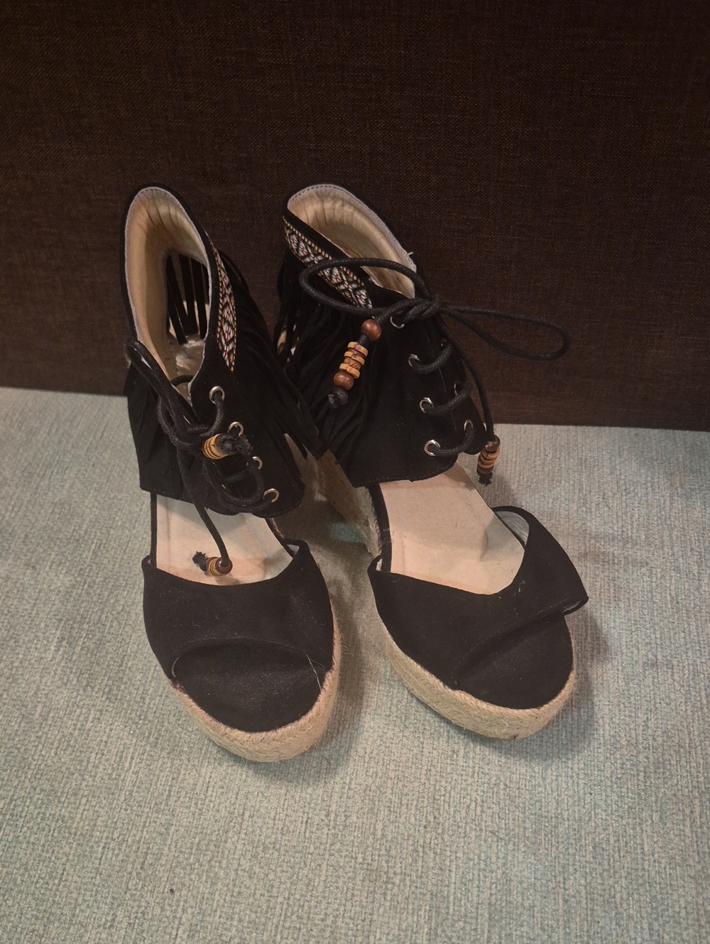 Mi.iM Black Lace-Up Espadrille Wedge Sandals with Bead Accents